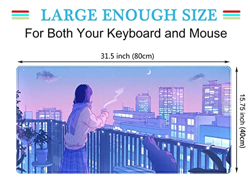 Purple Anime Kawaii Desk Mat Mousepad Cute Cat XXL Large Gaming Japanese Girly Aesthetic Mouse Pad Tokyo Street Desk Mat 31.5x15.75 in, Girl Gamer Desktop Mat Computer Laptop Keyboard Mouse Mat - color: Purple Pink Anime Girly