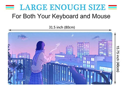 Purple Anime Kawaii Desk Mat Mousepad Cute Cat XXL Large Gaming Japanese Girly Aesthetic Mouse Pad Tokyo Street Desk Mat 31.5x15.75 in, Girl Gamer Desktop Mat Computer Laptop Keyboard Mouse Mat - color: Purple Pink Anime Girly