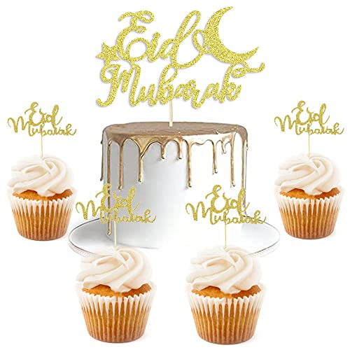 Suptilics 21 PCS Gold Glitter Ramadan Eid Mubarak Cake Toppers, Ramadan Decorations for Home