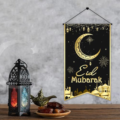 Ramadan EID Mubarak Hanging Door Sign EID Decorative Hanging Sign Party Decorations Black Gold Moon Lantern Banner for Ramadan Kareem Eid Al-Adha Sign Home Decor Happy EID Ramadan Party Supplies Favor - style: Eid Mubarak
