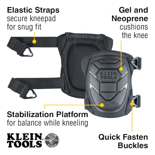 KLEIN TOOLS 60895 Knee Pads for Men and Women, Heavy Duty Semi-Round Stabilizer Gel Knee Pads with Adjustable Elastic Straps, for Construction, Flooring, Gardening, Black - size: Stabilizer
