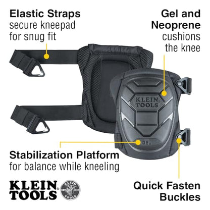 KLEIN TOOLS 60895 Knee Pads for Men and Women, Heavy Duty Semi-Round Stabilizer Gel Knee Pads with Adjustable Elastic Straps, for Construction, Flooring, Gardening, Black - size: Stabilizer