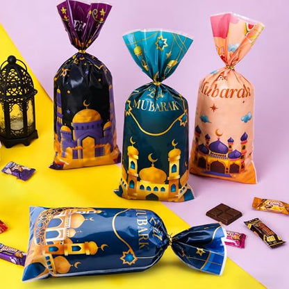 Eid Mubarak Gift Bags, Eid Goodie Bags, Ramadan Goodie Bags, Eid Mubarak Plastic Cellophane Treat Bags Candy Cookie Snack Goody Bag with Ties for Islamic Muslim Eid Mubarak Party Favor Supplies, 50Pcs