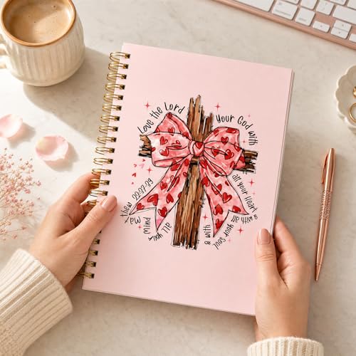 Pink Bow Cross Notebook - Hardcover Bible Verse Jounal, Christian Gift for Women, Religions Journaling for Church Notes Scripture Study Stationery Supplies - color: Pink Bow Cross
