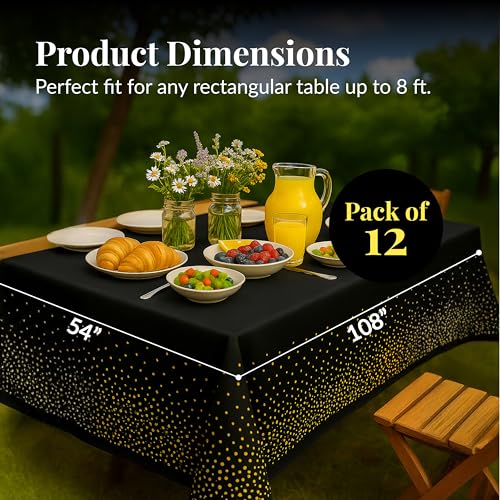 Prestee 12-Pack Black and Gold Dots Disposable Tablecloths – 108x54 Inch Waterproof Plastic Table Covers – Elegant, Heavy-Duty Party Tablecloths for Weddings, Birthdays, Holidays, and Events - color: Black/Gold, size: Rectangle (12 Pack)