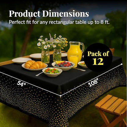 Prestee 12-Pack Black and Gold Dots Disposable Tablecloths – 108x54 Inch Waterproof Plastic Table Covers – Elegant, Heavy-Duty Party Tablecloths for Weddings, Birthdays, Holidays, and Events - color: Black/Gold, size: Rectangle (12 Pack)