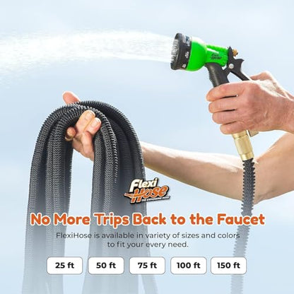 Flexi Hose with 8 Function Nozzle, 75FT - Lightweight Expandable Garden Hose, No-Kink Flexibility, 3/4 Inch Solid Brass Fittings and Double Latex Core - size: 75ft