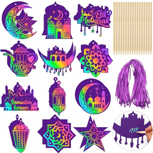 Motipuns 96 Pcs Purple Ramadan Craft Scratch Paper Eid Mubarak Art Kits Magic Color Scratch Off Cards Hanging Ornaments Craft Al-Fitr Home Activity for DIY Drawing Project Party Supplies - color: Purple, style: Ramadan Eid