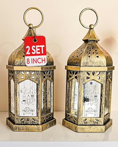 OLEEK Ramadan Lantern Lights (2PCs-8in)- Ramadan Decorations for Home 2026 - Ramadan Decor - Ramadan Lights - Ramadan Lanterns Decorative - Ramadan Lanterns for Kids - Ramadan Decoration فانوس رمضان - color: Gold