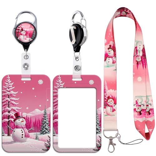 Christmas Lanyard with Sliding ID Card Holder Self Retracting ID Badge Holder Aesthetic Pink Snowing Name Tag Lanyard with 360 Rotate Keychain Clip for Office School Teacher Work Badge - color: Snowman