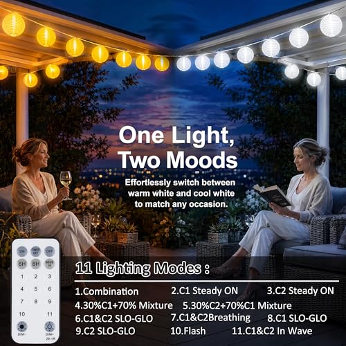 StarryEver Lantern String Lights Outdoor Plug in, 40Ft Connectable Warm White & White Lantern Lights with Remote Control, 40 LEDs String Lights Outdoor for Patio Balcony Garden Bedroom - size: 40ft warm white+white