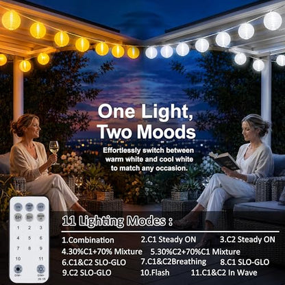 StarryEver Lantern String Lights Outdoor Plug in, 40Ft Connectable Warm White & White Lantern Lights with Remote Control, 40 LEDs String Lights Outdoor for Patio Balcony Garden Bedroom - size: 40ft warm white+white