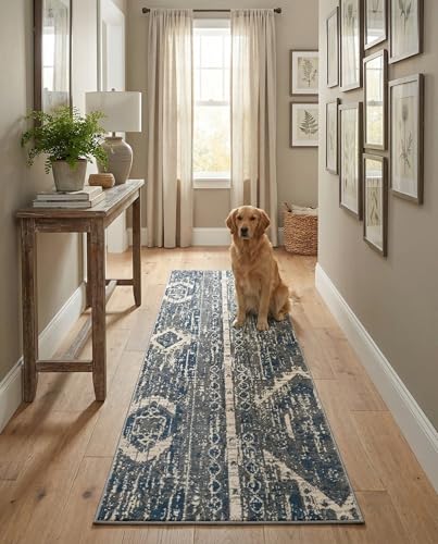 Rugs.com - Oregon Rug – 8 Ft Runner Blue Gray Easy-Clean Rug – Southwestern Tribal Design, Perfect for Hallways and Entryways - color: Blue Gray, size: 2'2" x 8' (Runner)