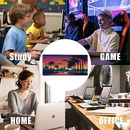 Mouse Pad,Orange Purple Miami Landscape Desk Mat for Desktop,Desk Pad with Non-Slip Base and Stitched Edge,Extended Mousepad for Office and Home 35.4X15.7 Inch - color: Miami Landscape