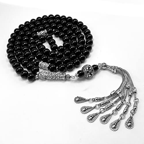 Special Prayer Beads Series -99 beads- Tesbih Tasbih Tasbeeh Misbaha Masbaha Subha Sebha Sibha (Black Glass -10 mm 99 Big Beads- & Zircon Stone Design) - color: Black Glass -10 mm 99 Big Beads- & Zircon Stone Design