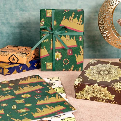 RUSPEPA Eid Wrapping Paper Sheets, Crescent Moon Mosque & Geometric Mandala Design, Religious Holiday Gift Wrap for Islam Ramadan, Eid al-Fitr, Muslim Celebrations, 6 Folded Sheets, 19.68 X 27.5 Inch - color: Eid al-Fitr