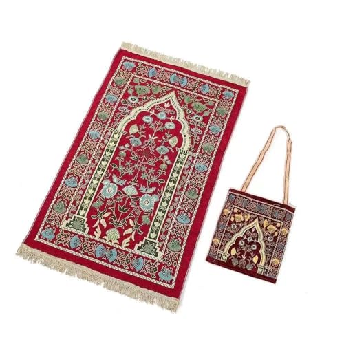 Red 2'4" x 3'7" Traditional Floral Low Pile Nylon Prayer Rug, with Elegant Design Bags, Soft, Non-Slip, Water-Resistant, Perfect for Prayer, Ramadan, Eid al Fitr, Gift