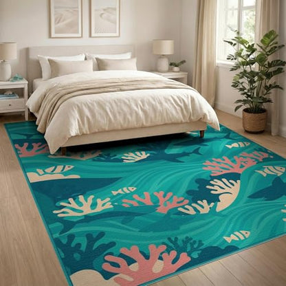 8'x10' Washable Flatwoven Rug, Teal Modern Wave Stain Resistant Extra Large Carpet for Dining Room, Large Office, Lounge, Non-Slip Chair-Friendly Mat | Ref:2068009 - color: Blue/Pattern 1, size: 8' x 10' (Rectangular)