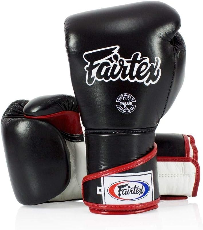 Fairtex BGV6 Angular Boxing Gloves, Locked Thumb Muay Thai MMA Kickboxing | Premium synthetic body with triple-layer foam padding. Joint protection and firm wrist support safeguard hands on heavy bags - color: Black/White/Red, size: 14oz