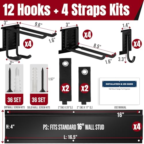 66" Garage Tool Organizer Wall Mount,20 PCS Wall Mounted Garden Tool Storage Rack Carries 720lbs, 4-Panel Steel Tool Hanger System for Shovels Rakes Brooms – Fits 16" Wall Studs - size: 66" | 4 Panels+12 Hooks+4 Straps
