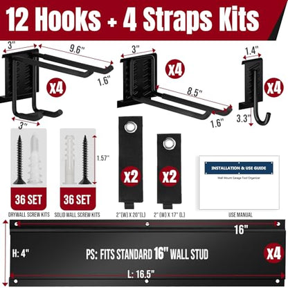 66" Garage Tool Organizer Wall Mount,20 PCS Wall Mounted Garden Tool Storage Rack Carries 720lbs, 4-Panel Steel Tool Hanger System for Shovels Rakes Brooms – Fits 16" Wall Studs - size: 66" | 4 Panels+12 Hooks+4 Straps