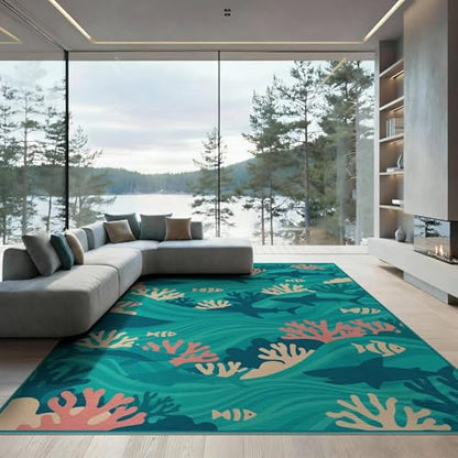 8'x10' Washable Flatwoven Rug, Teal Modern Wave Stain Resistant Extra Large Carpet for Dining Room, Large Office, Lounge, Non-Slip Chair-Friendly Mat | Ref:2068009 - color: Blue/Pattern 1, size: 8' x 10' (Rectangular)