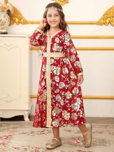 Girls Muslim Abaya Ramadan Prayer Dress V Neck Floral Middle East Arabic Kaftan - size: 8