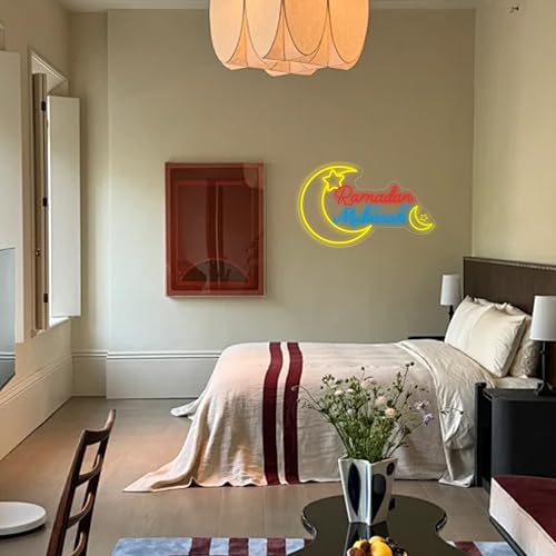Ramadan Mubarak Neon Sign, Dimmable Led Sign Crescent Moon Wall Light for Ramadan Decorations, Islamic Home Decor for Window, Living Room & Bedroom Festival Display