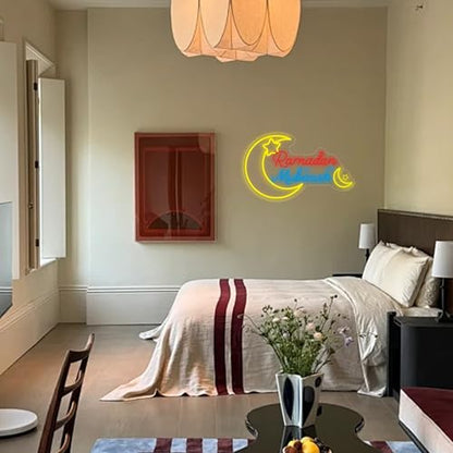 Ramadan Mubarak Neon Sign, Dimmable Led Sign Crescent Moon Wall Light for Ramadan Decorations, Islamic Home Decor for Window, Living Room & Bedroom Festival Display