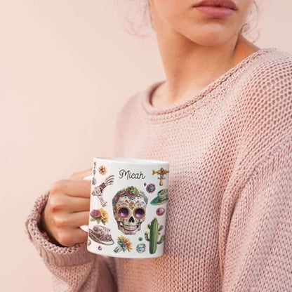 Personalized Name Ceramic Cup, Custom Artistic Skull Coffee Mug, Customized Mexican Inspired Full Wrap Cup, Vibrant Floral And Cactus White Cup 11oz 15oz, Gift For Friends Family - color: XUA-1124-3659-Mexican Holiday Mug
