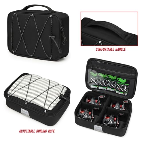 Fishing Tackle Bag, Equipped With 4 Tackle Boxes and Detachable Reel Storage Pouch, Waterproof Fishing Gear Organizer, Adjustable Shoulder Strap Fishing Bags for Saltwater & Freshwater - color: Black-4 Tackle Boxes