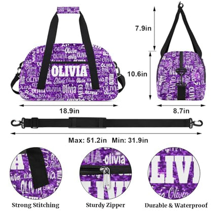 Personalized Dance Duffel Bags Name Girls, Custom Weekender Overnight Sleepover Sports Duffle Bag Waterproof Gym Bag for Travel Girls, Bright Glitters Dark Purple - color: Color21
