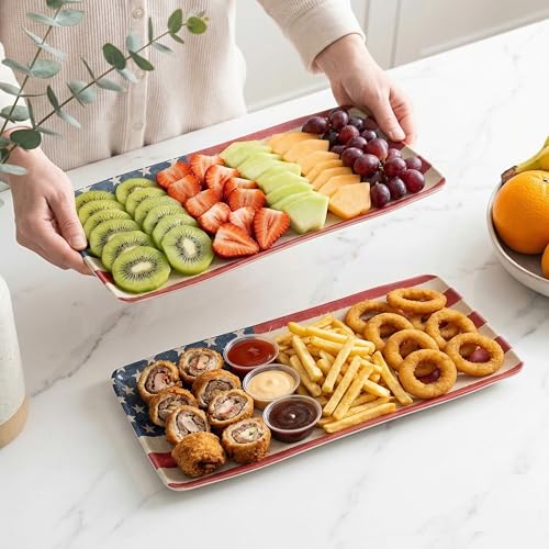 KINGEN American Flag Serving Platter, Rectangular 15inch Serving Dishes Set of 2 for Entertaining, Durable & Dishwasher Safe, Bamboo Serving trays for party, Cheese, 4th of July Series, Red White Blue