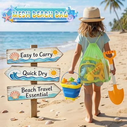Beach Toys for Kids,Travel Sand Toys Beach Essentials for Kids Age 3-10 | Sand Castle Building Kit with 2 Collapsible Bucket,2 Long Beach Shovels,Sand Molds,Mesh Bag Sandbox Toys for Boys Girls