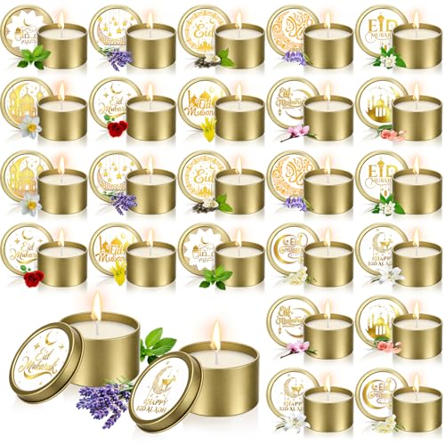 Nuanchu 24 Pack Eid Mubarak Scented Candles Gift 2 oz Golden Star and Moon Design Ramadan Aromatherapy Soy Wax Jars Lasting Bulk Favors for Home Islamic Holiday Party Decor - style: Golden Star Moon Design