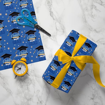Cuitpan Graduation Wrapping Paper - Gift Wrap for High School & College Graduation 2025,Black Caps,Blue Stripes,Laurel Wreath,Medals Designs,Perfect for Parties Gifts - 8 Sheets, 20 x 29 Inches - color: Blue-Graduation