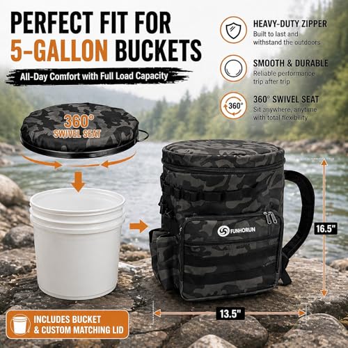 Fishing Bucket Organizer with 5 Gallon Bucket & Rotating Seat Lid | 360 Swivel Seat Lid, Bucket Backpack with Backpack Straps, Full Water-Resistant & Multi-Pockets (Fishing Tools Not Included) - style: Complete Set (Including Bucket & 360° Rotating Seat)