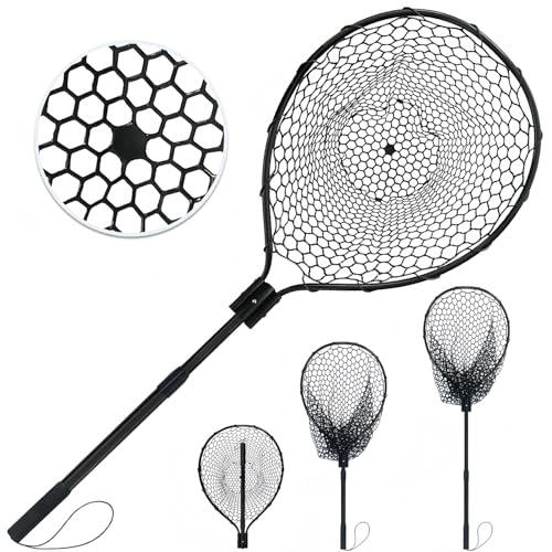 All Metal Telescoping Rubber Fishing Net with Handle Length: 59" Depth:19.7" Hoop: 26"x18" Large Silicone Fish Landing Net Pier/Kayak/Fishpond/Saltwater/Salmon Extendable Fishing Gear - color: Black