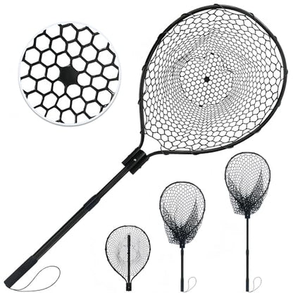 All Metal Telescoping Rubber Fishing Net with Handle Length: 59" Depth:19.7" Hoop: 26"x18" Large Silicone Fish Landing Net Pier/Kayak/Fishpond/Saltwater/Salmon Extendable Fishing Gear - color: Black