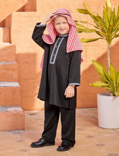 IWEMEK 4PCS Toddler Baby Boys Muslim Outfit Kaftan Thobe Pants Arabic Islamic Abaya Dubai Robe Prayer Clothes with Head Scarf - color: Black, size: 3-4T
