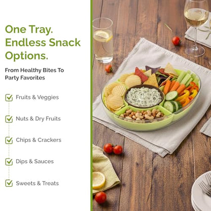 Divided Serving Tray with Lid, 5 Removable Compartments Snack & Veggie avocado shaped Tray with Center Dip Bowl, Portable Food Storage Container for Fruit, Charcuterie, Travel, Work & Parties