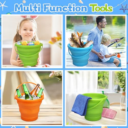 Foldable Beach Sand Toy Bucket for Kids Adults, Jumbo Collapsible Sandbox Bucket, Foldable Pail with Mesh Bag, Multi Use for Garden Beach, Camping, Easter Basket Gift, Fishing, Travelling 3PCS - style: Round