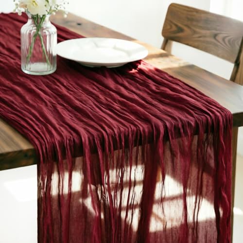 LINXTAR Burgundy Cheesecloth Table Runner 120 Inches 10Ft Gauze Summer Boho Table Runner for Wedding Tea Party Baby Shower Bridal Birthday Home Decoration - color: Burgundy, size: 10ft