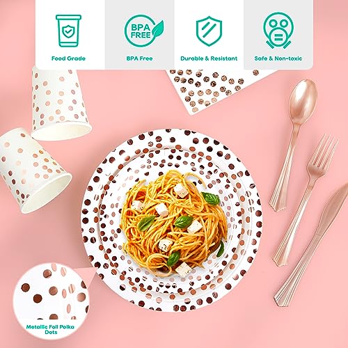 White and Rose Gold Party Supplies - 350 PCS Disposable Dinnerware Set - White Paper Plates Napkins Cups, Gold Plastic Forks Knives Spoon for Graduation, Birthday, Thanksgiving, Cocktail Party - color: White & Rose Gold