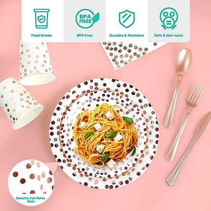 White and Rose Gold Party Supplies - 350 PCS Disposable Dinnerware Set - White Paper Plates Napkins Cups, Gold Plastic Forks Knives Spoon for Graduation, Birthday, Thanksgiving, Cocktail Party - color: White & Rose Gold