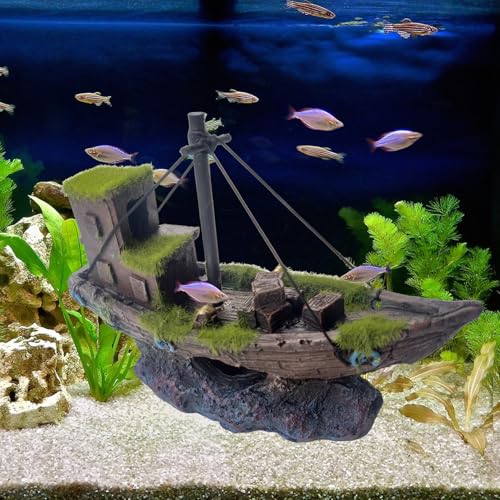 kathson Betta Fish Tank Shipwreck,Aquarium Sunken Ship Decorations Resin Sunken Boat with Cave Hideouts Fish Tank Shipwrecks Decor Saltwater Freshwater Aquarium Ornaments for Hiding Accessories - style: Sunken ship (B)