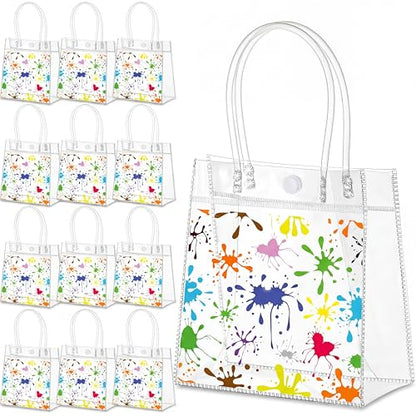 Aliceset 24 Pcs Paint Party Favor Bags Transparent PVC Painting Gift Bags with Handles Reusable Transparent Goodie Tote for Paint Splatter Birthday Art Painting Party Baby Shower Treat Totes - style: Paint