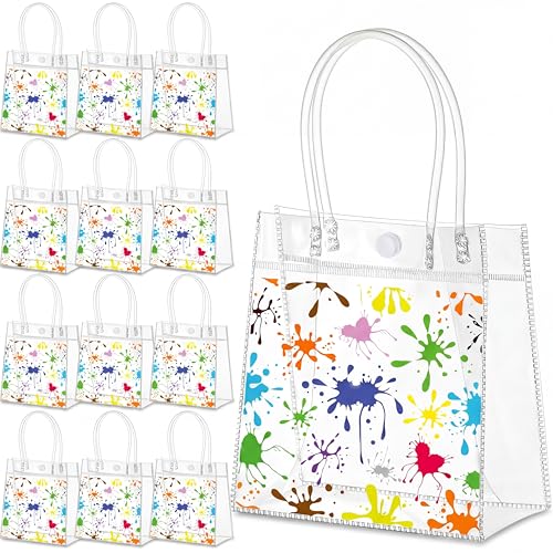 Aliceset 24 Pcs Paint Party Favor Bags Transparent PVC Painting Gift Bags with Handles Reusable Transparent Goodie Tote for Paint Splatter Birthday Art Painting Party Baby Shower Treat Totes - style: Paint