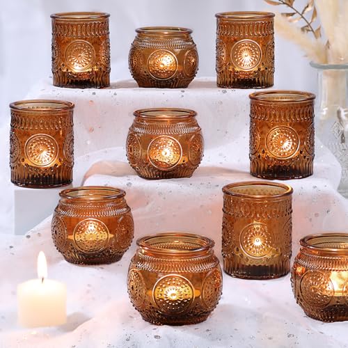 DARJEN 12Pcs Amber Votive Candle Holders - Vintage Glass Candle Holders for Flameless LED Tea Waxes, Tealight Candle Holder for Wedding & Home Table Decor, Vintage Parties - color: Amber, size: 12 PCS