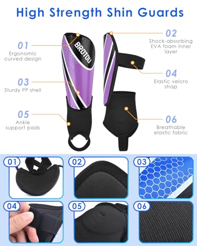 BROTOU Shin Guards Soccer Youth, Soccer Shin Guards for Kids 3-15, Light Weight Adjustable Straps Shin Pads Protection Equipment with Ankle and Leg Calf Protection - color: Purple, size: Medium